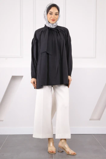 Siyah Yaka Detaylı Balon Kol Tunik