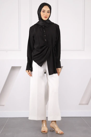 Siyah Yan Bağlamalı Düğmeli Gömlek