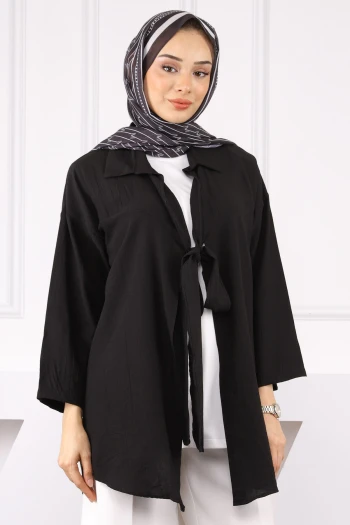 Siyah Yan Bağlamalı İçlikli Kimono