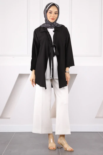 Siyah Yan Bağlamalı İçlikli Kimono