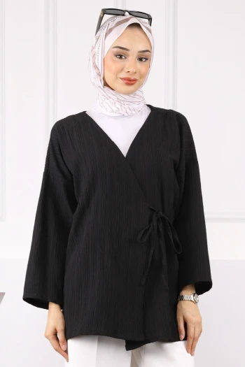 Siyah Yan Bağlamalı Kimono