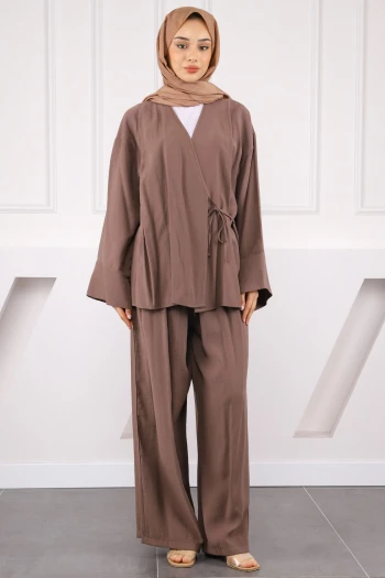 Vizon Bel Bağlamalı Modal Kimono Pantolonlu Takım