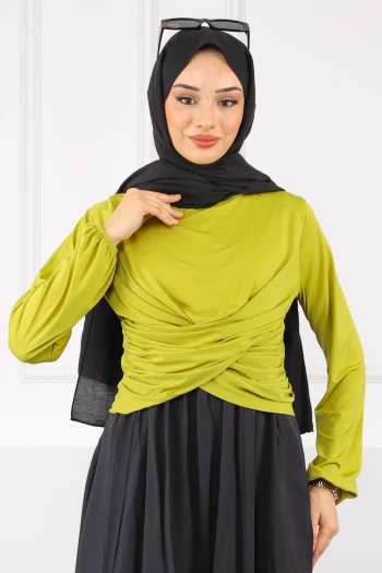Yağ Yeşili Çapraz Drape Detaylı Sandy Bluz