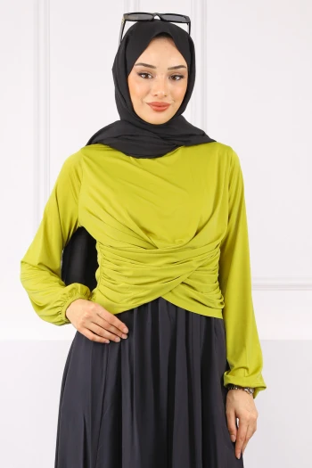 Yağ Yeşili Çapraz Drape Detaylı Sandy Bluz