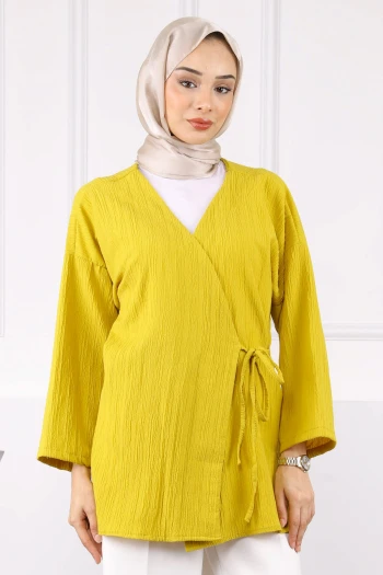 Yağ Yeşili Yan Bağlamalı Kimono