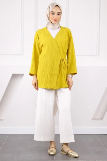 Yağ Yeşili Yan Bağlamalı Kimono