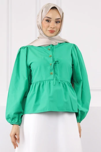 Yeşil Kol Lastikli Poplin Gömlek