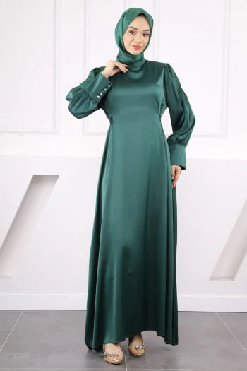 Zümrüt Yeşili Kol Düğmeli Beli Kuşaklı Saten Abiye