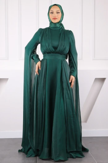 Zümrüt Yeşili Omuz Detaylı Drapeli Abiye