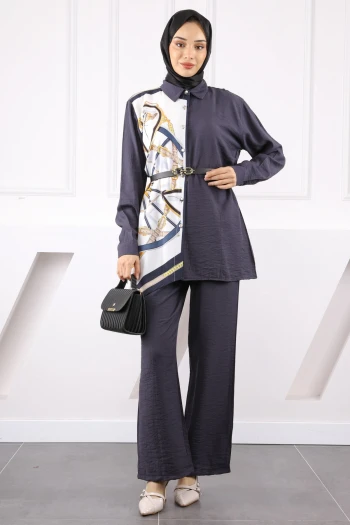 Antrasit Desenli Modal Tunik Pantolonlu Takım