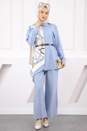 Bebe Mavi Desenli Modal Tunik Pantolonlu Takım