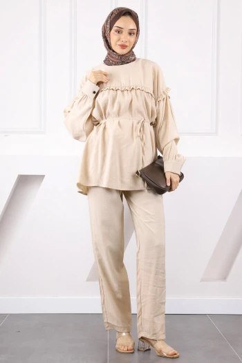 Bej Beli İpli Tunik Pantolonlu Modal Takım