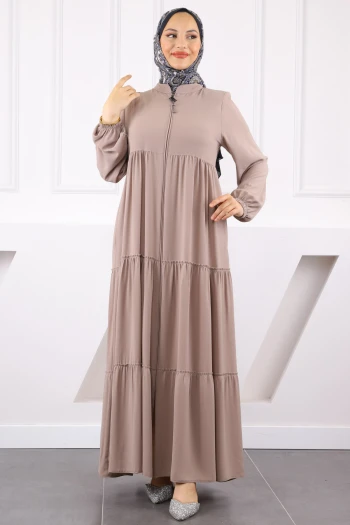 Bej Kol Lastikli Katlı Ferace