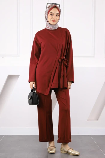 Bordo Asimetrik Detaylı Tunik PantolonluTakım