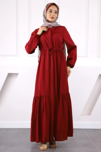 Bordo Bel Bağlamalı Dantelli Elbise