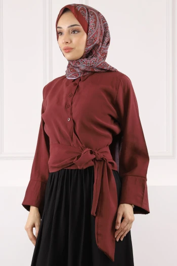 Bordo Bel Bağlamalı Modal Gömlek