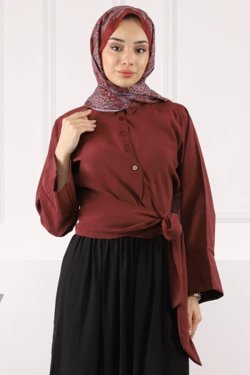 Bordo Bel Bağlamalı Modal Gömlek