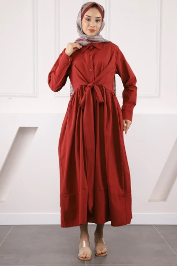 Bordo Bel Kuşaklı Elbise
