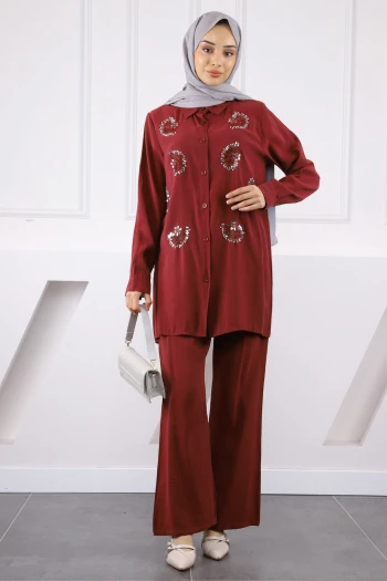 Bordo Boncuk İşlemeli Tunik Pantolonlu Takım