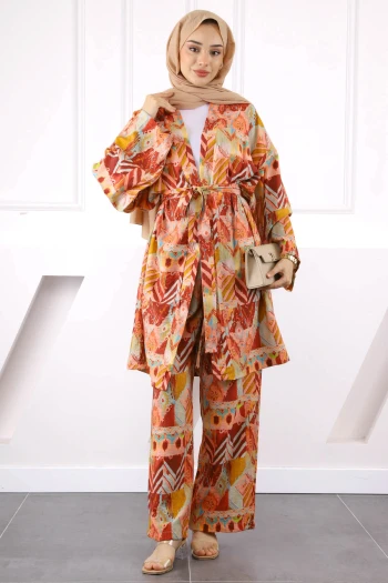 Bordo Desenli Kimono Pantolonlu Takım