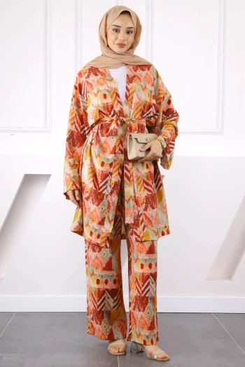 Bordo Desenli Kimono Pantolonlu Takım