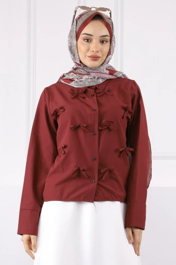 Bordo Fiyonklu Ön Düğmeli Gömlek