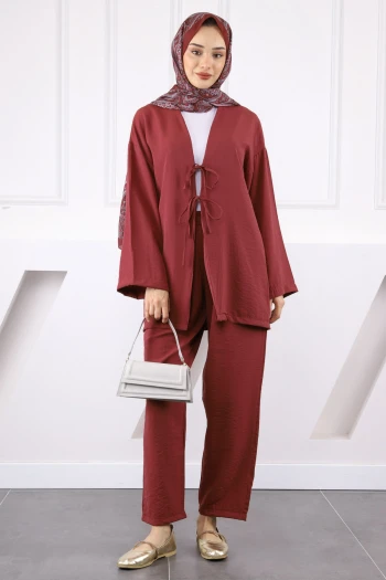 Bordo Kimono Pantolonlu Modal Takım