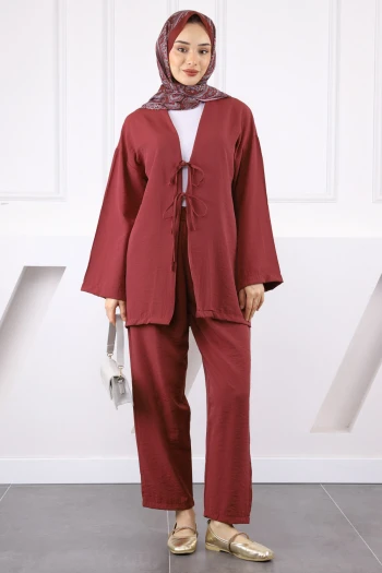 Bordo Kimono Pantolonlu Modal Takım