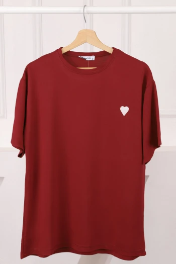 Bordo Nakışlı Kısa Kol Modal T-Shirt