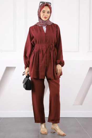 Bordo Nervürlü Tunik Pantolonlu Takım