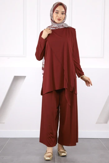 Bordo Ön Detaylı Sandy Tunik Pantolon Takım