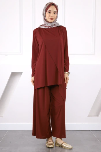 Bordo Ön Detaylı Sandy Tunik Pantolon Takım