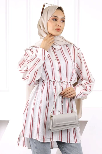 Bordo Taş Detaylı Çizgili Tunik