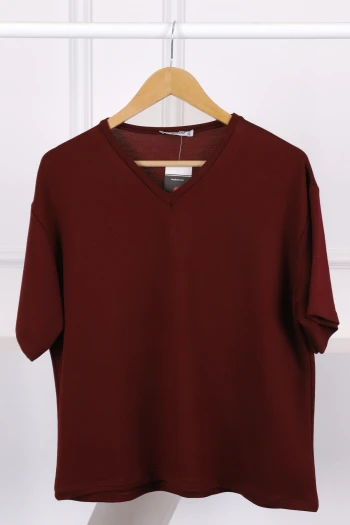 Bordo V Yaka Kısa Kol T-Shirt