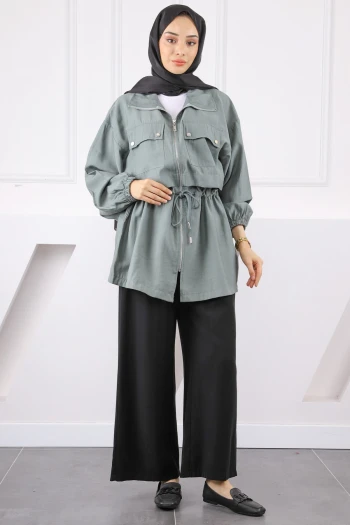 Çağla Bel Bağlamalı Çift Cepli Trençkot