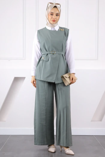 Çağla Bel Kemerli Yelek Pantolonlu Takım