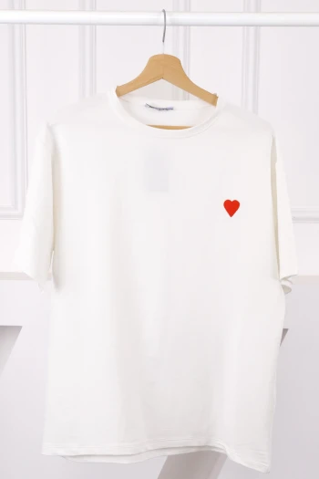 Ekru Nakışlı Kısa Kol Modal T-Shirt