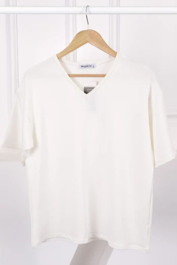 Ekru V Yaka Kısa Kol T-Shirt