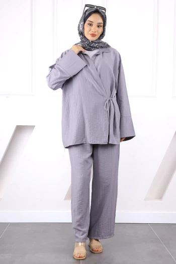 Gri Kimono Modal Pantolonlu Takım
