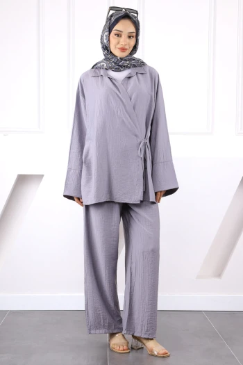Gri Kimono Modal Pantolonlu Takım