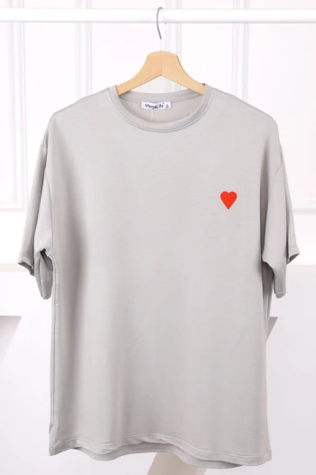 Gri Nakışlı Kısa Kol Modal T-Shirt
