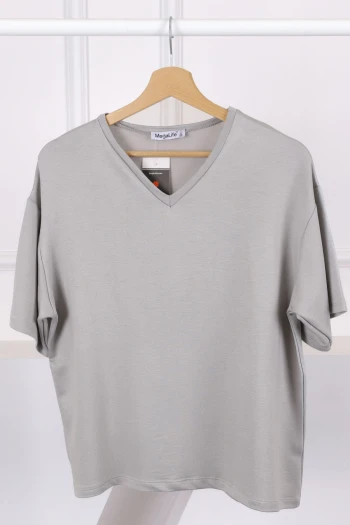 Gri V Yaka Kısa Kol T-Shirt