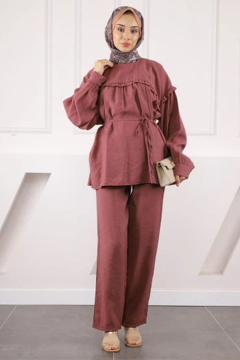 Gül Kurusu Beli İpli Tunik Pantolonlu Modal Takım