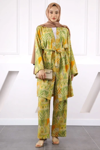 Haki Desenli Kimono Pantolonlu Takım