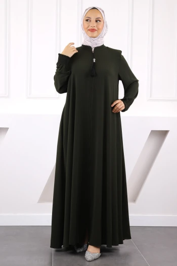 Haki Kol Lastikli Fermuarlı Ferace