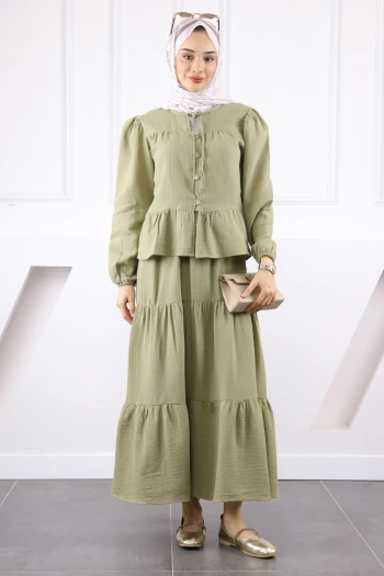 Haki Müslin Gömlek Etekli Takım
