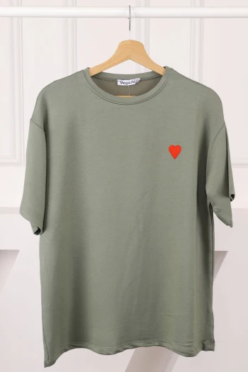 Haki Nakışlı Kısa Kol Modal T-Shirt