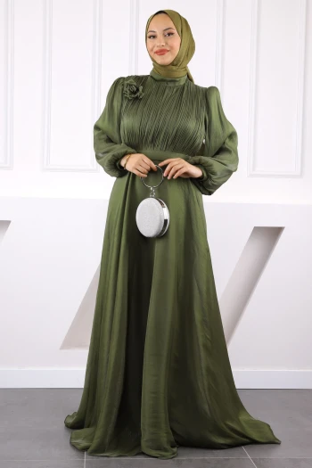 Haki Önü Drapeli Kemerli Şifon Abiye