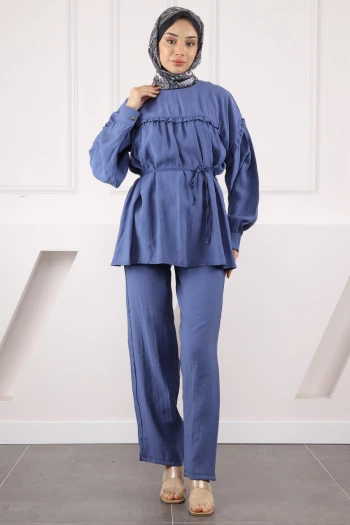 İndigo Beli İpli Tunik Pantolonlu Modal Takım