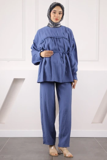 İndigo Beli İpli Tunik Pantolonlu Modal Takım